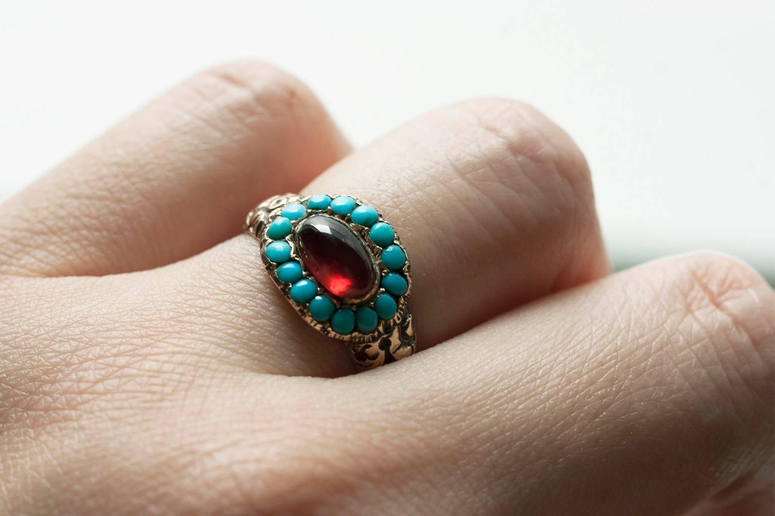 Women's or Men's Georgian Turquoise and Garnet Cabochon Ring For Sale