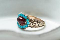 Georgian Turquoise and Garnet Cabochon Ring