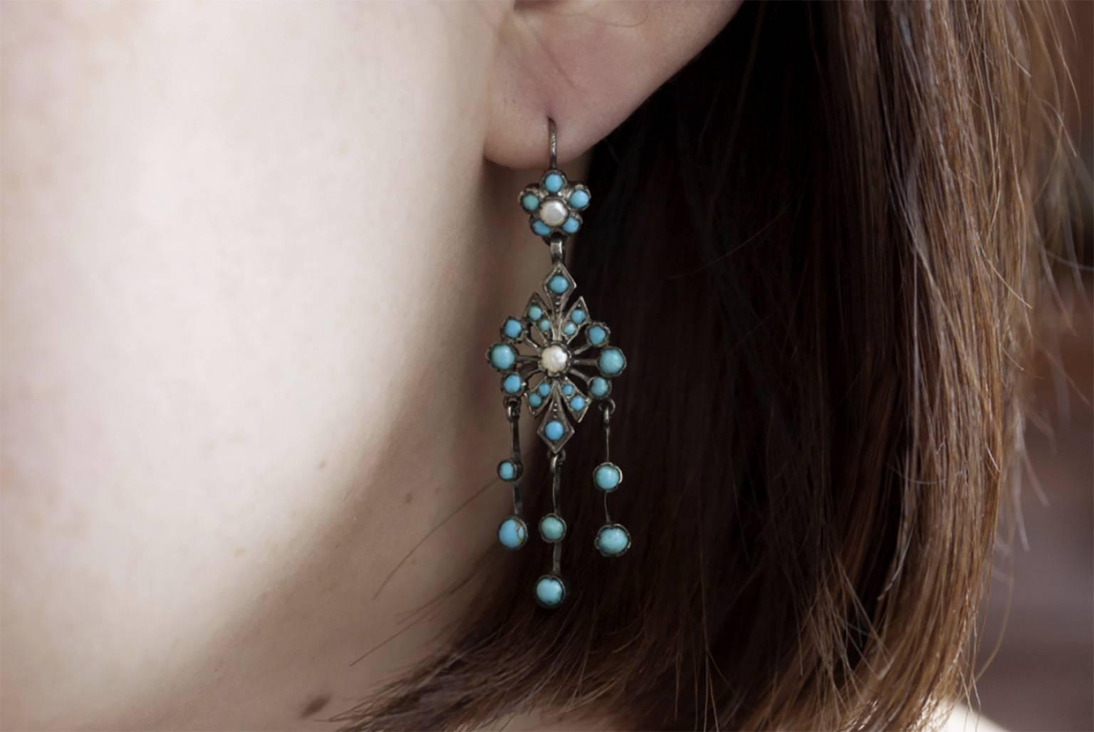 Women's or Men's Victorian Turquoise Chandelier Earrings For Sale