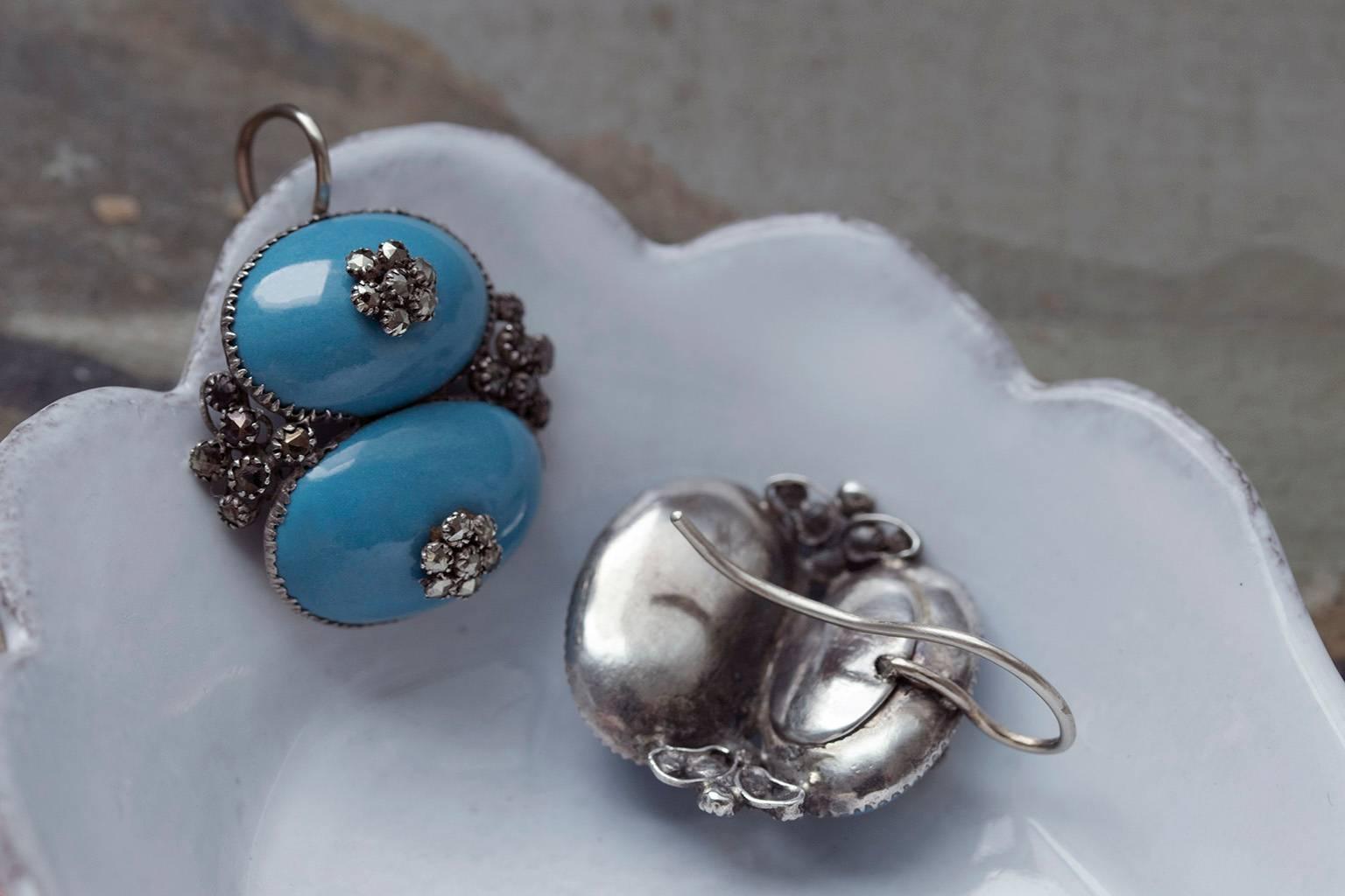 Georgian Queen Anne Blue Enamel and Pyrite Earrings For Sale