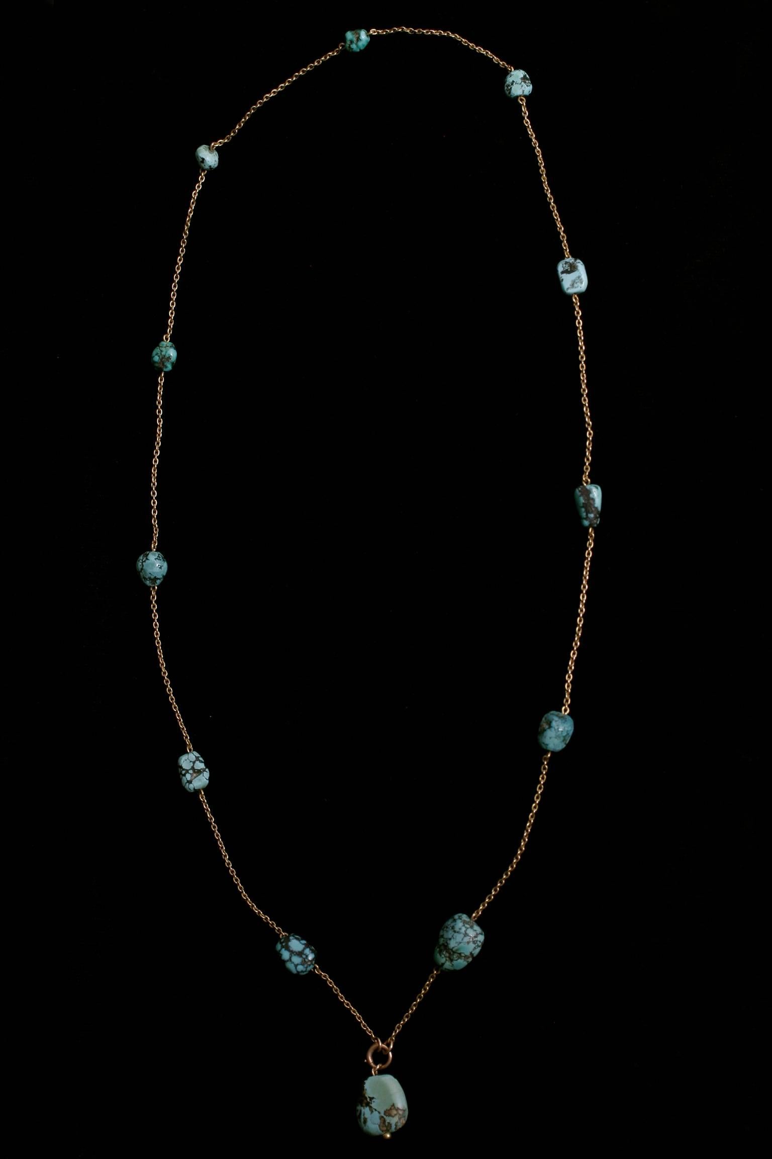 Edwardian Turquoise Nugget 18 Karat Necklace In Excellent Condition For Sale In New York, NY