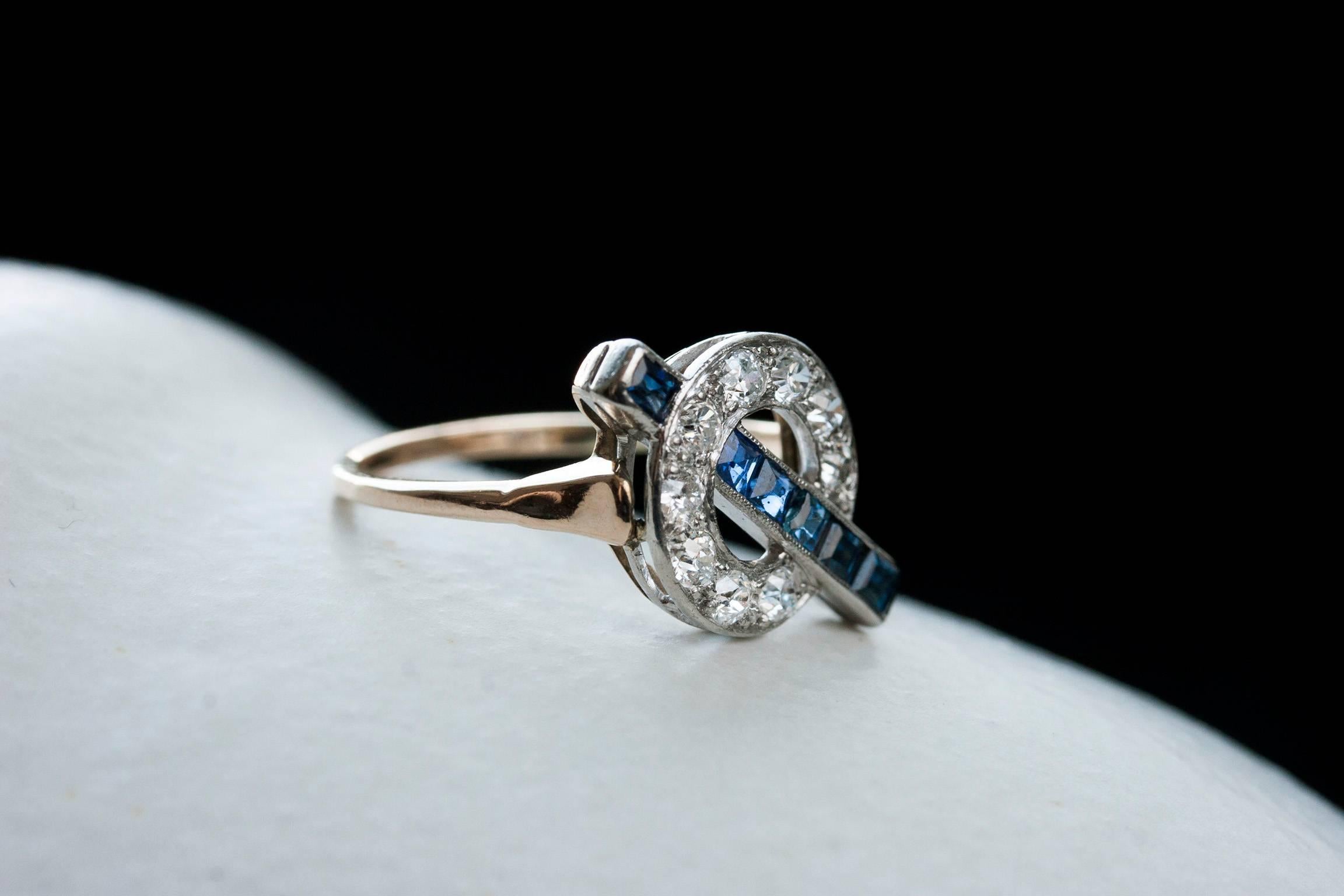 Old European Cut Art Deco Diamond and Sapphire Ring For Sale