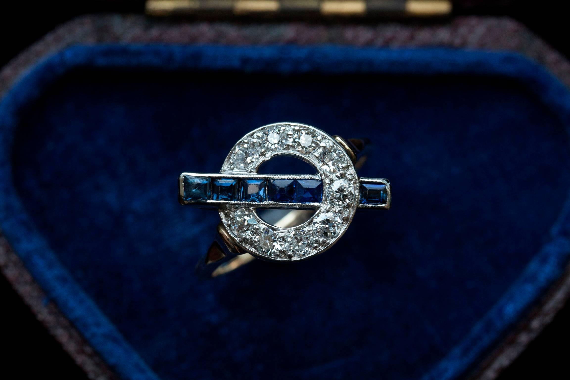 Women's or Men's Art Deco Diamond and Sapphire Ring For Sale