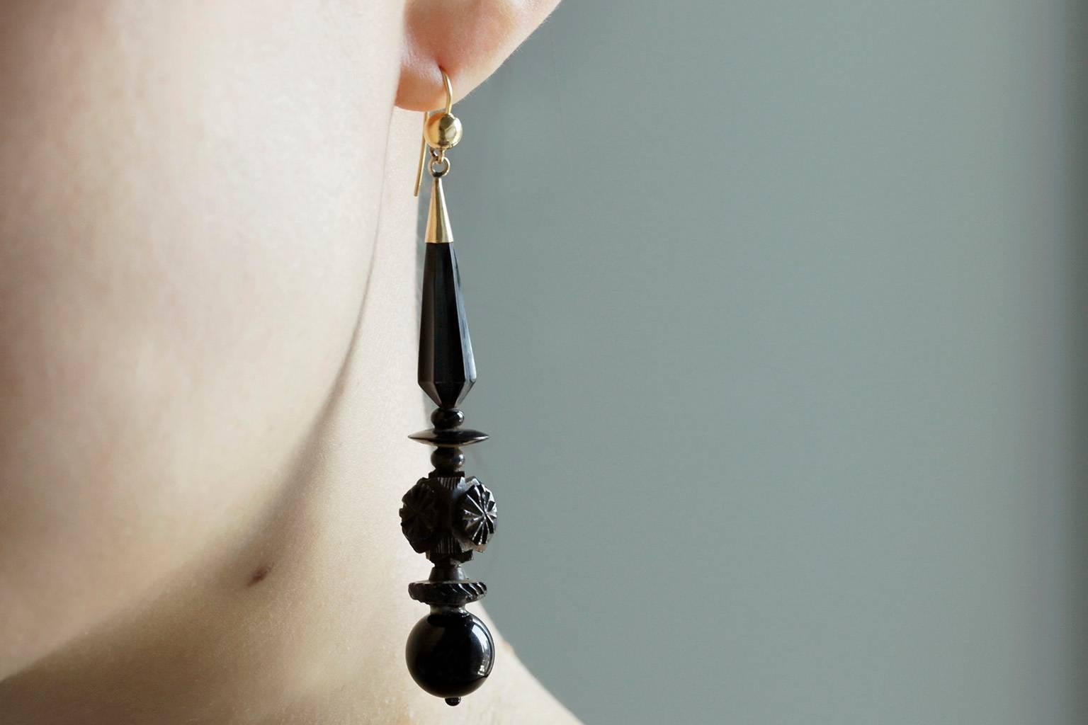 Victorian Elongated Carved Whitby Jet Drop Earrings 1