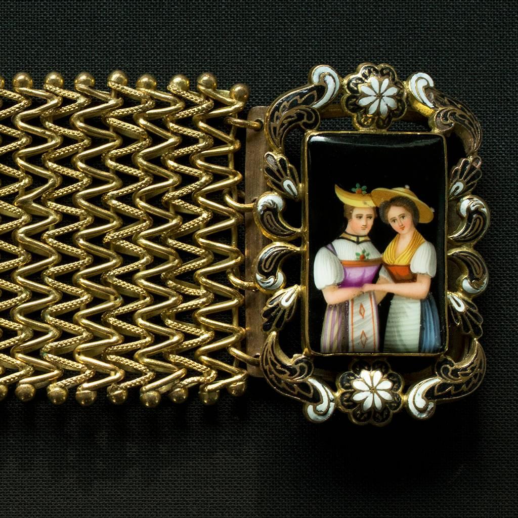 C.1820-1830. A gorgeous late Georgian Swiss Enamel and Pinchbeck bracelet. Pinchbeck was invented by Christopher Pinchbeck, a London clockmaker in the early 18th century. The material was created to resemble the gold appearance. Pinchbeck is a form