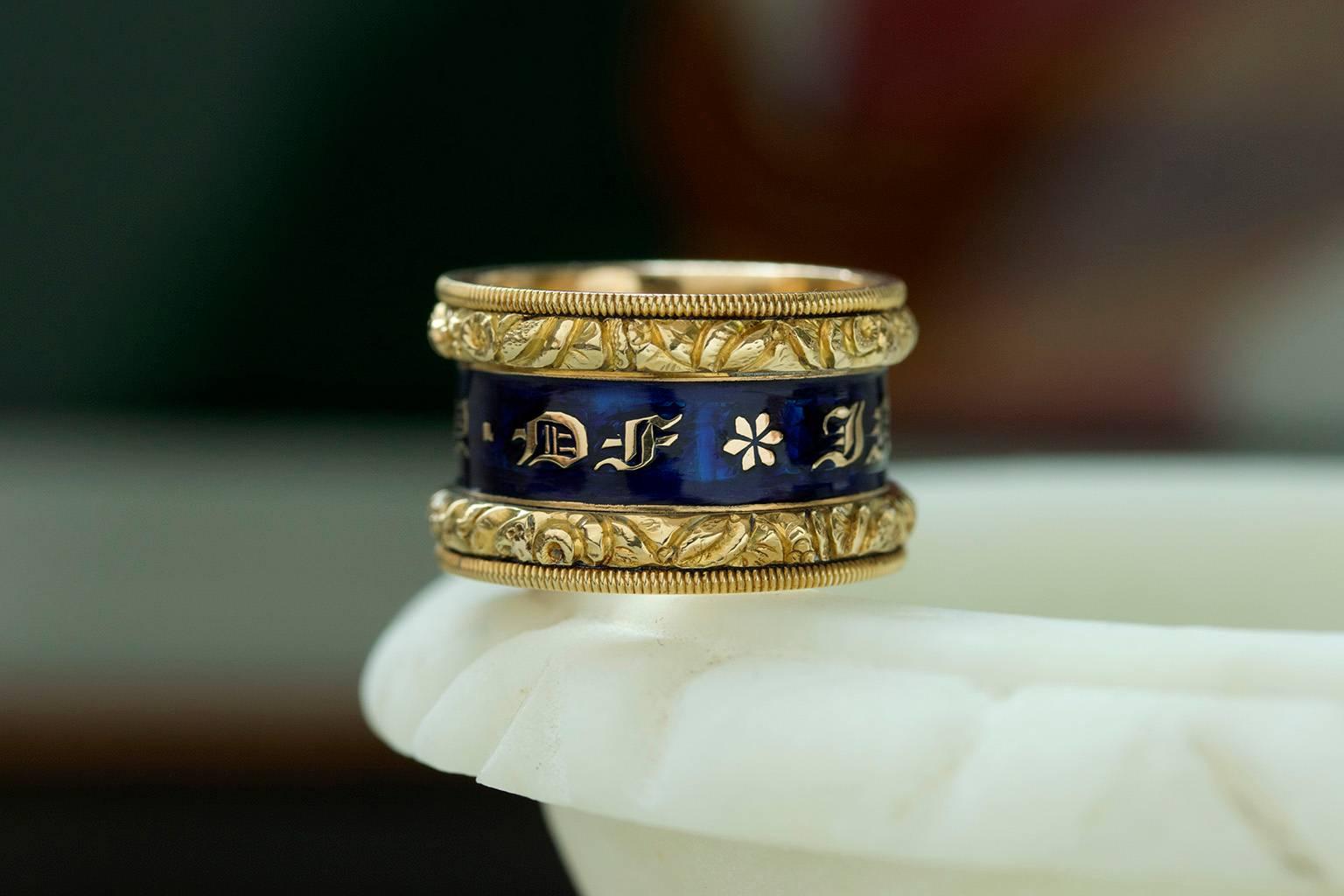 Wide Georgian Blue Enamel Memorial Ring In Excellent Condition For Sale In New York, NY