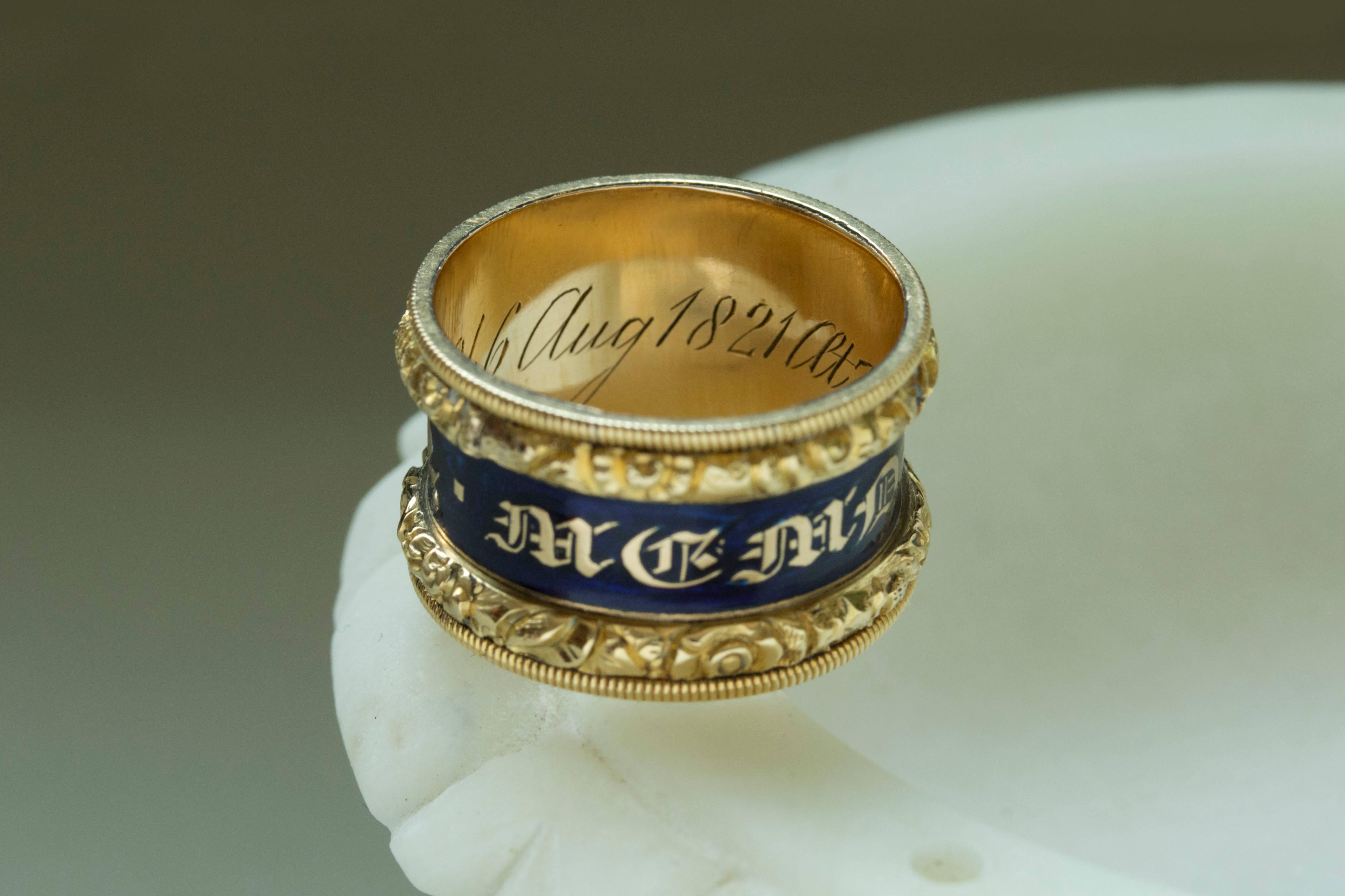 Women's or Men's Wide Georgian Blue Enamel Memorial Ring For Sale
