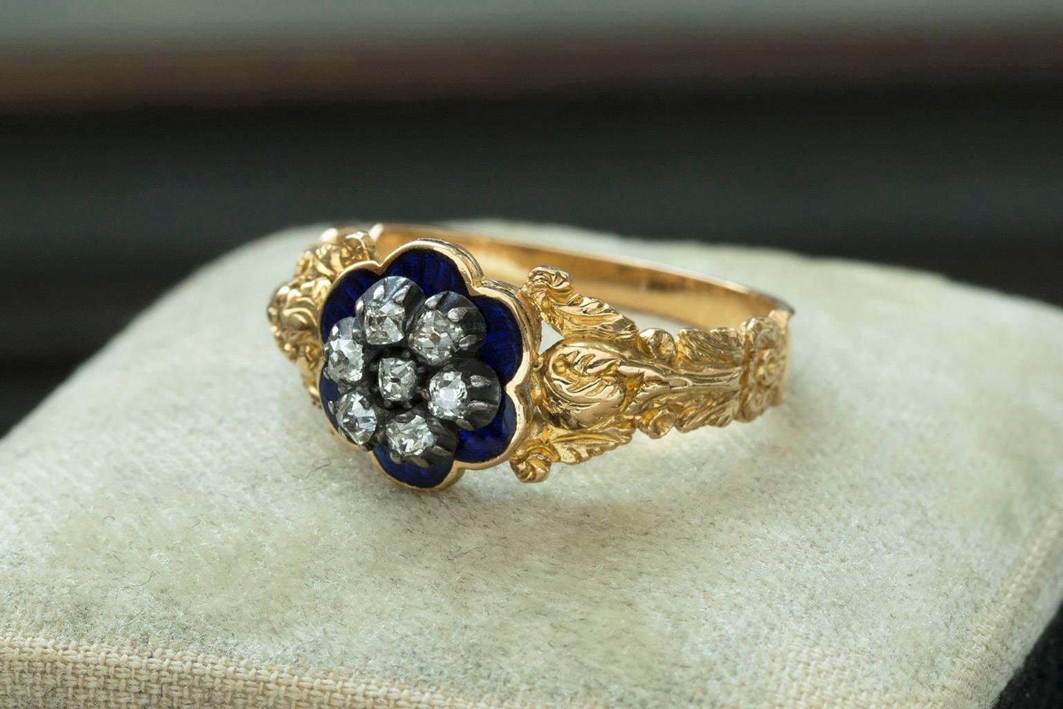 Antique Georgian Blue Enamel and Diamond Ring In Excellent Condition For Sale In New York, NY