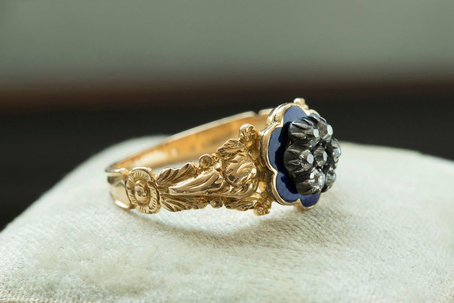 Women's Antique Georgian Blue Enamel and Diamond Ring For Sale