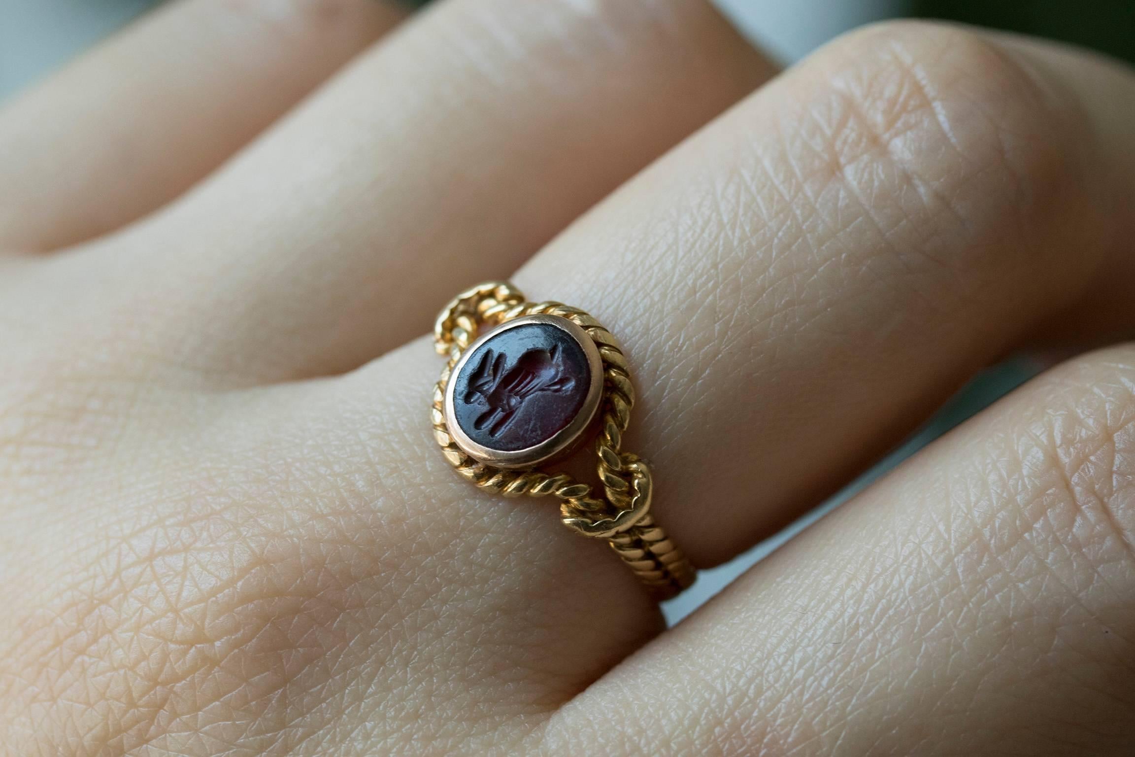 Antique 'Hare' Carnelian Intaglio Ring In Excellent Condition In New York, NY