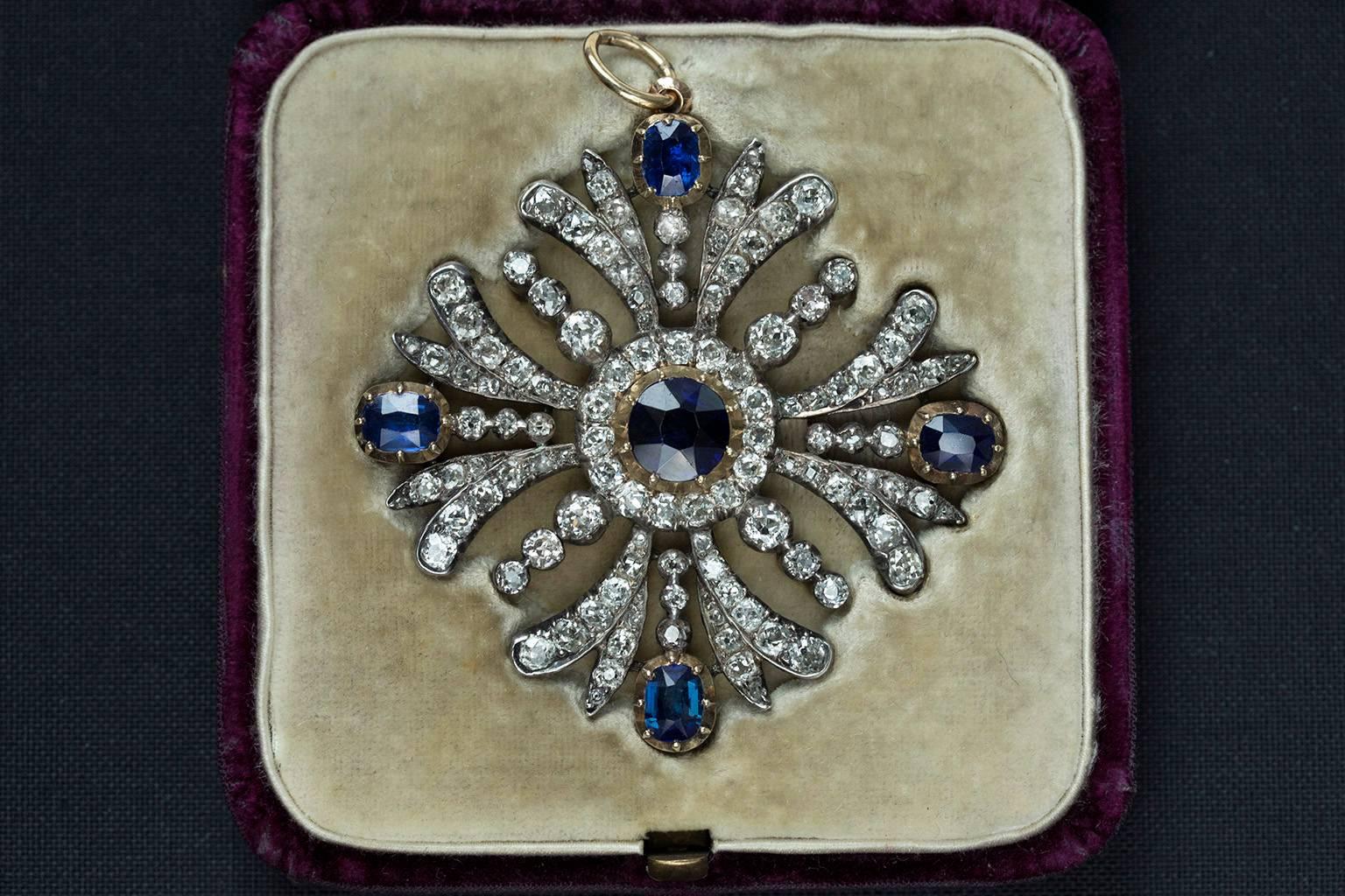 Women's or Men's Early Victorian Sapphire Diamond Pendant For Sale