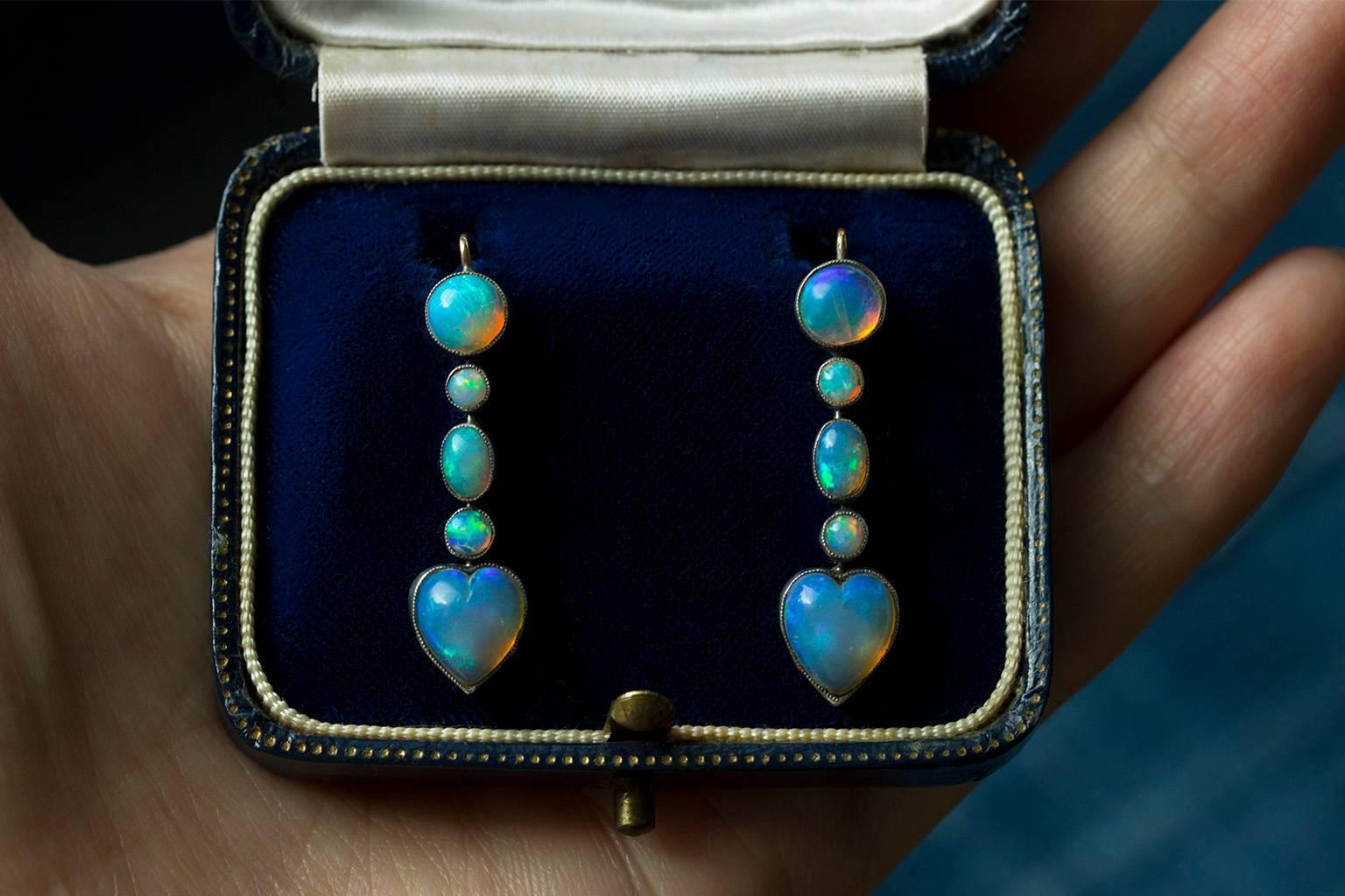 Edwardian Opal Heart Drop Earrings For Sale 1