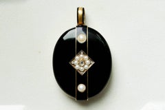 Late Victorian Gold Diamond Pearl Black Enamel Locket