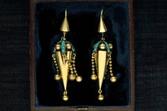 Victorian Gold Turquoise and Tassel Earrings in Fitted Box