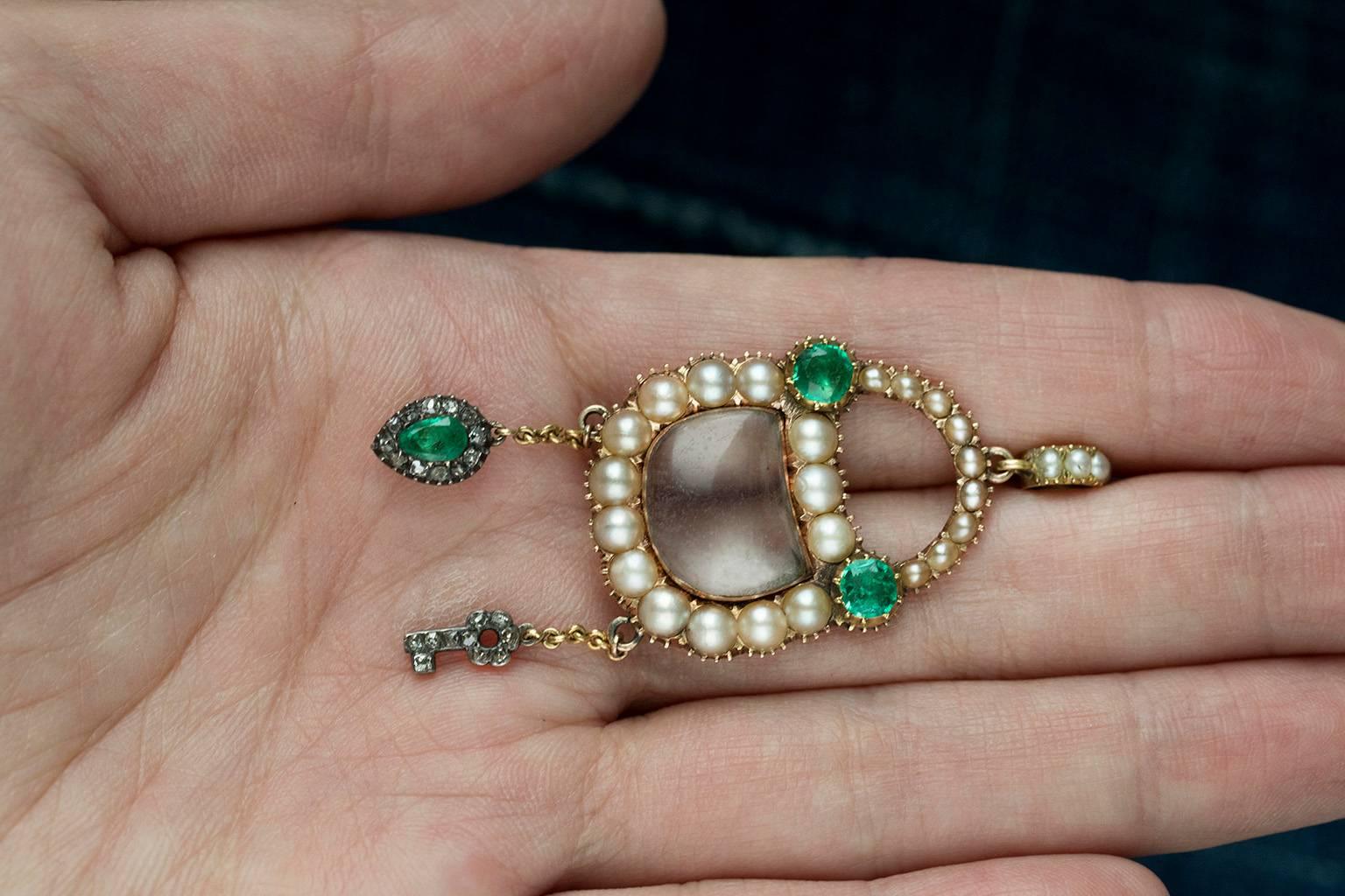 Georgian Emerald Pearl Diamond Padlock with Matching Chain For Sale 2