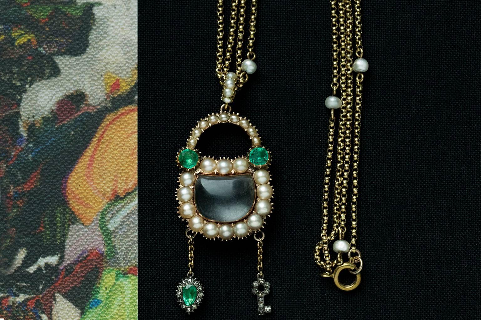 Women's or Men's Georgian Emerald Pearl Diamond Padlock with Matching Chain For Sale