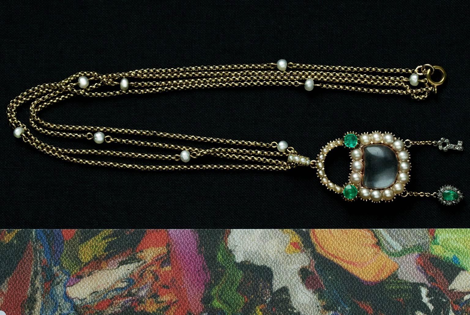 Georgian Emerald Pearl Diamond Padlock with Matching Chain For Sale 1