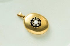 Antique French Diamond Pearl Black Enamel Locket