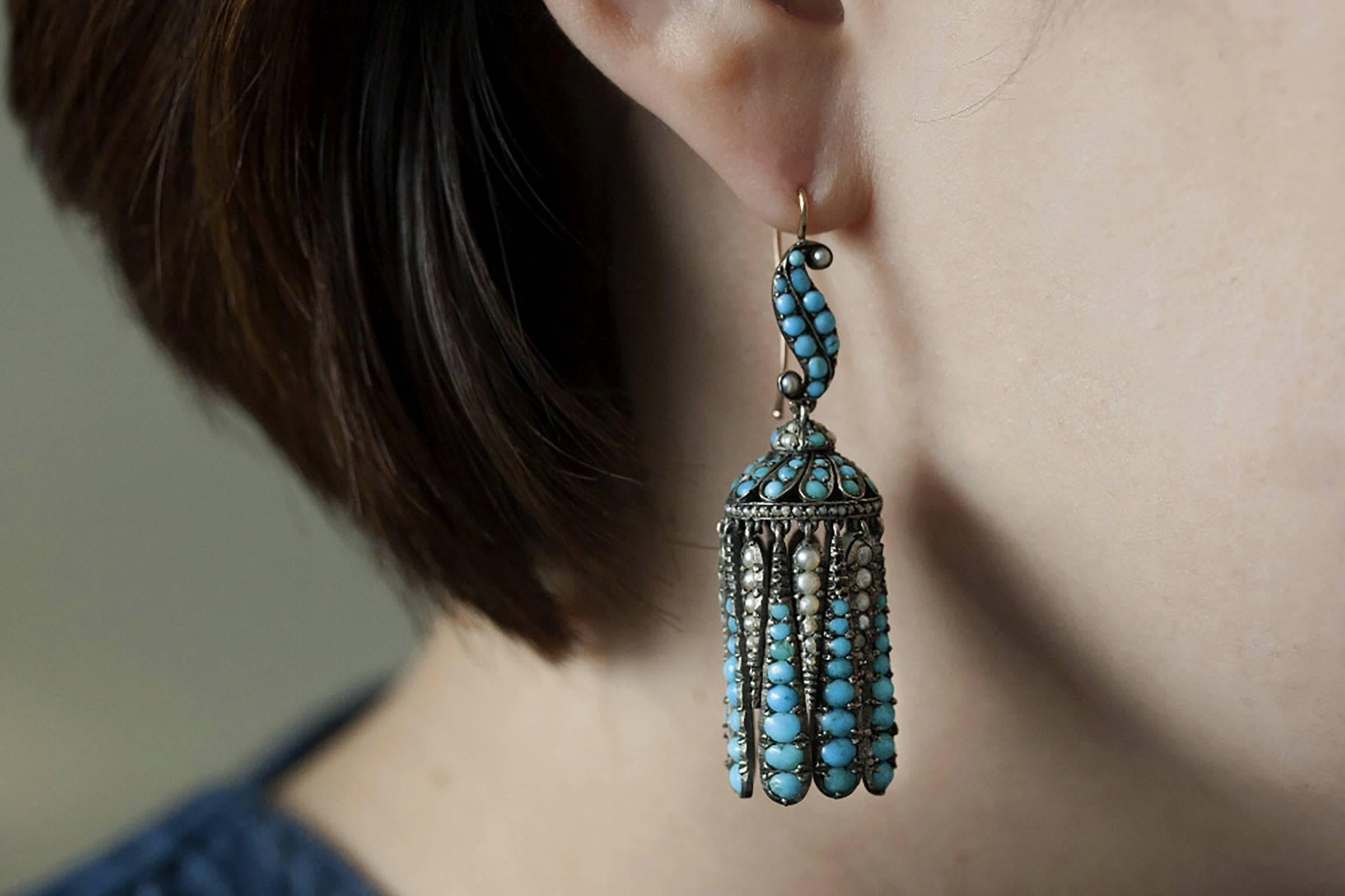 Women's Victorian Turquoise and Pearl Fringe Earrings