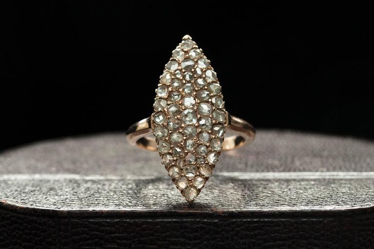Victorian Rose Cut Diamond Gold Cluster Navette Ring For Sale at 1stDibs