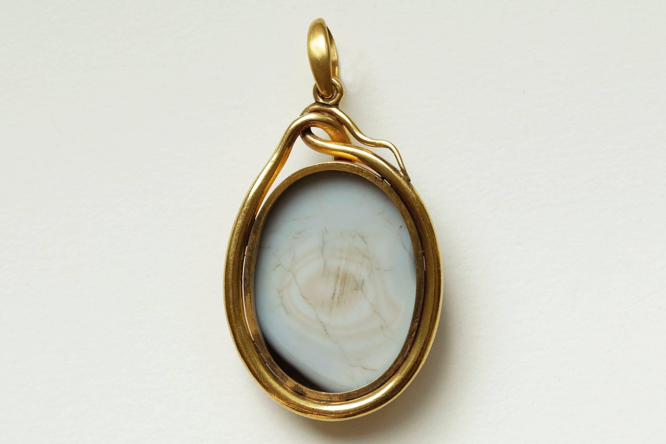 Victorian Oversized Banded Agate Snake Pendant In Excellent Condition In New York, NY