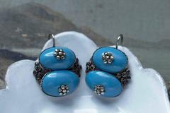 Queen Anne Blue Enamel and Pyrite Earrings