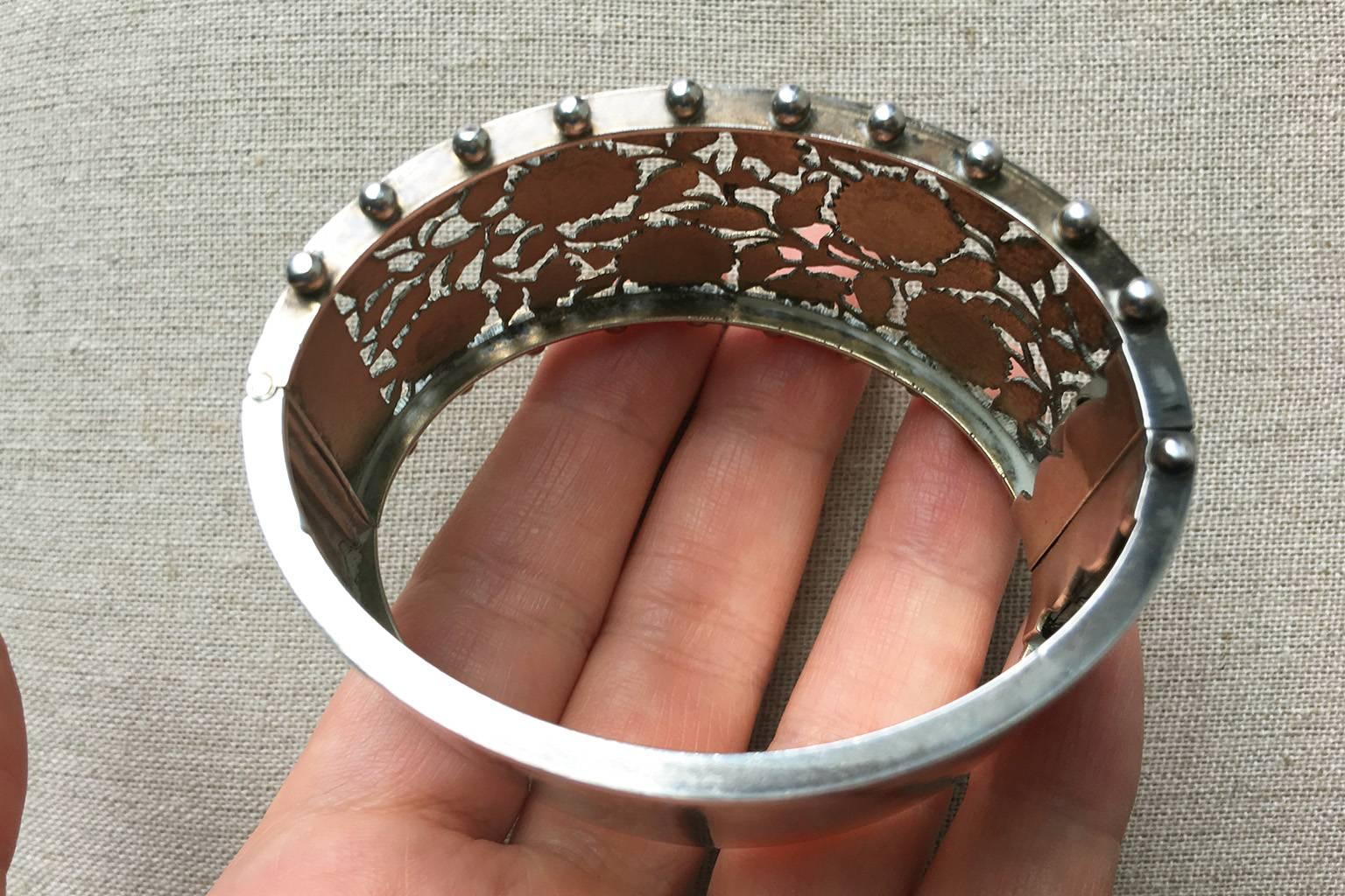 Victorian Aesthetic Movement Pierced Flower Silver Bangle 1