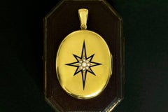 Victorian Starburst Blue Enamel Seed Pearl Gold Locket