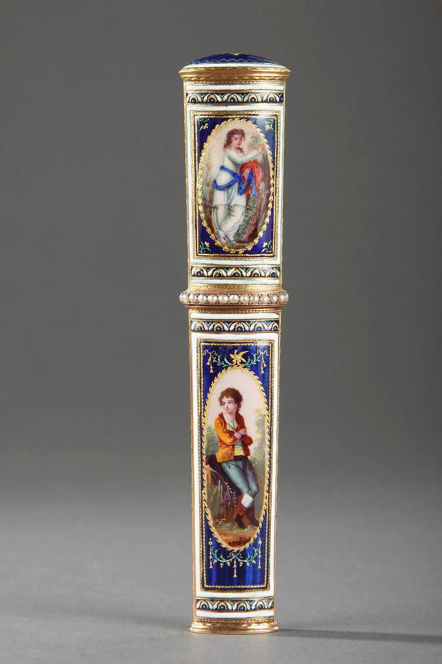 Gold and enamel needle case decorated with four oval medallions. The lower portion of the case has two medallions: on one side, a young man in a brown jacket and blue pants is leaning against a rock, and on the other side, a young woman in a white