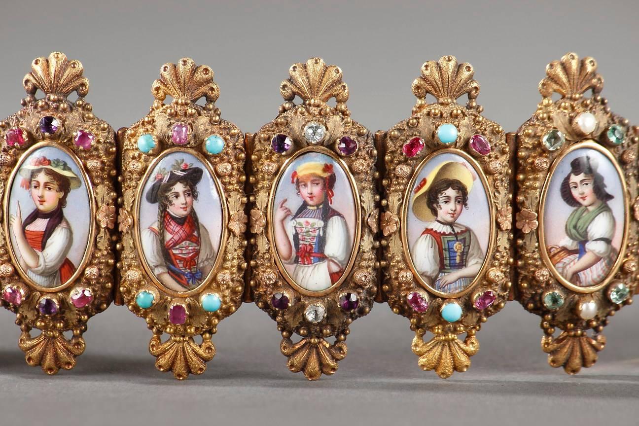 Bracelet Bin Gold, Enamel and Gemstones, Mid-19th Century In Good Condition For Sale In Paris, FR