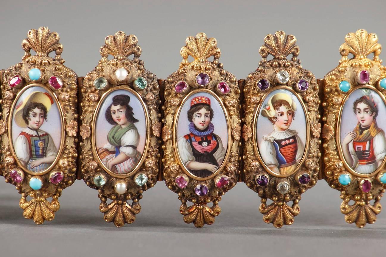 Women's Bracelet Bin Gold, Enamel and Gemstones, Mid-19th Century For Sale