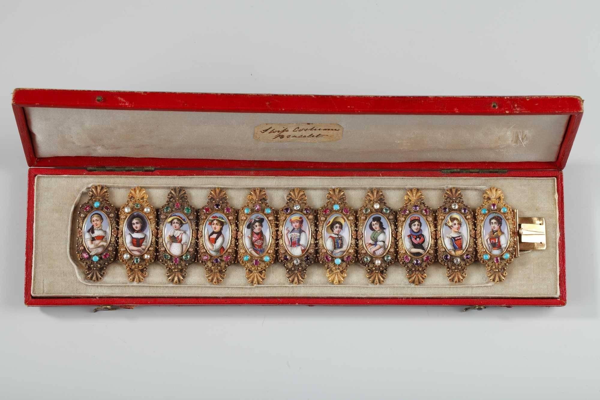 Bracelet Bin Gold, Enamel and Gemstones, Mid-19th Century For Sale 1