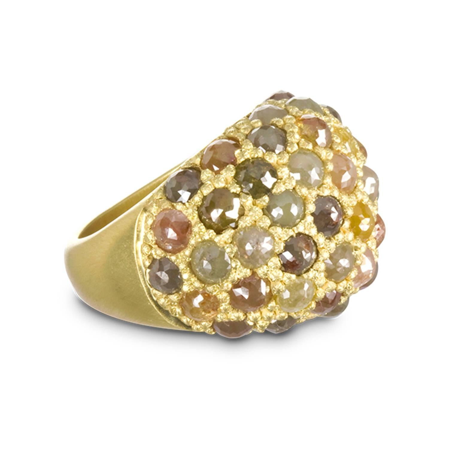 Rich in color, texture, and substance, this is the quintessential statement ring.  Meticulously handcrafted in 18k green*gold, each rose cut milky diamond is pave-set to create a dome ring that defines subtle sophistication and style for the modern