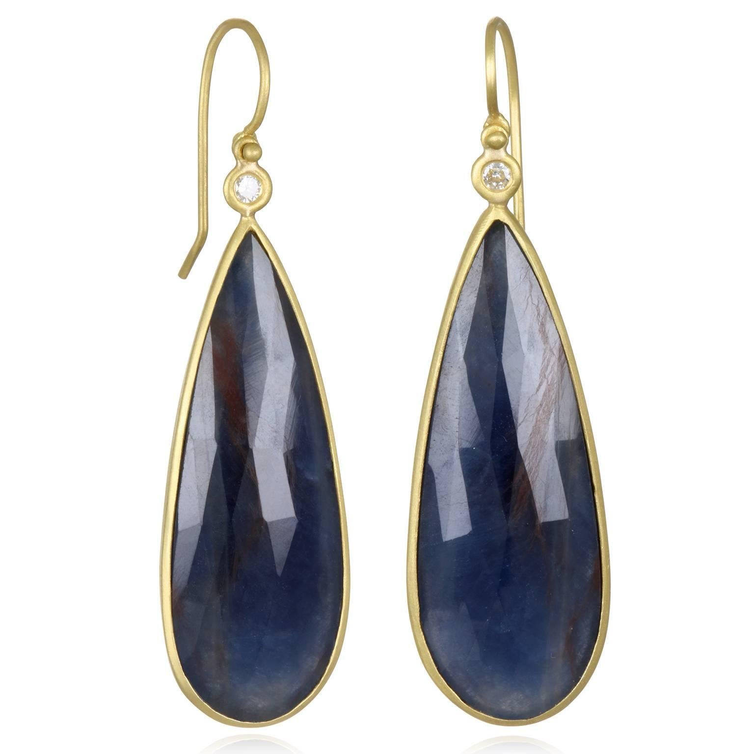 Faye Kim 18k Gold Blue Sapphire and Diamond Bezel Drop Earrings
