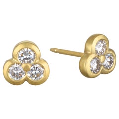Faye Kim 18 Karat Gold Triple Diamond Stud Earrings, .77 ctw