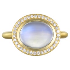 Faye Kim 18 Karat Gold Blue Oval Moonstone Ring with Diamond Halo