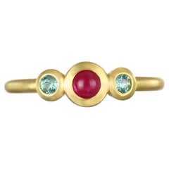 Faye Kim 18 Karat Gold Three-Stone Ruby and Tourmaline Stack Ring