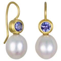 Faye Kim 18K Gold Tanzanite and Pearl Drop Earrings, USA