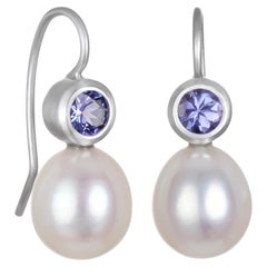 Faye Kim 18K White Gold Tanzanite and Pearl Drop Earrings, USA