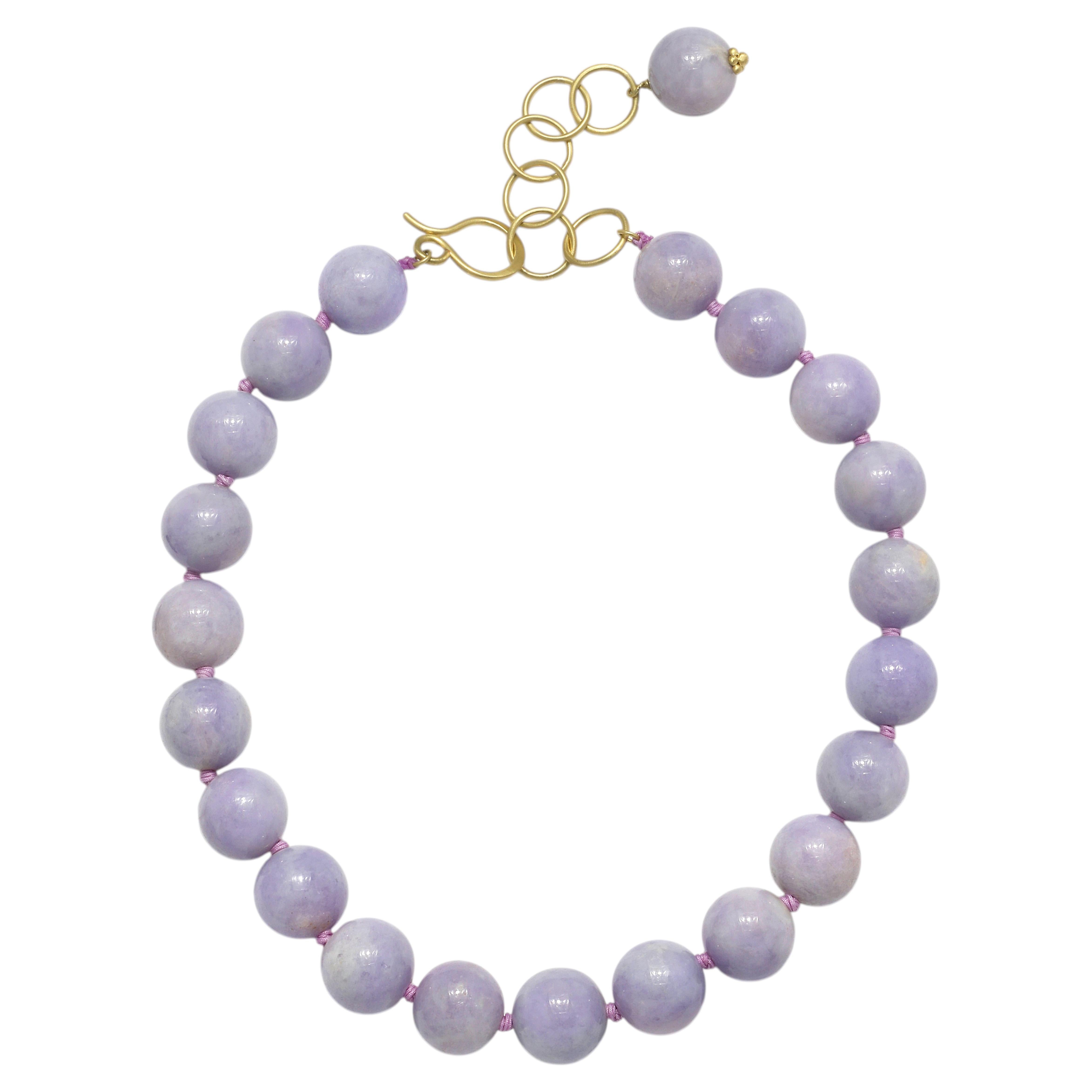 Faye Kim 18 Karat Gold Lavender Jade Bead Necklace with 2" Extender For Sale
