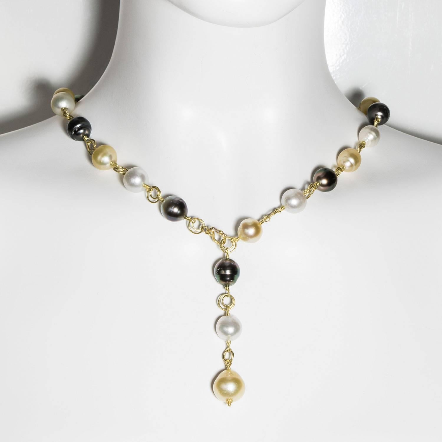 18k green* gold multicolored white, golden South Sea and black Tahitian baroque cultured pearl chain necklace.  Hand wrapped in alternating colors interspersed with gold links to give it lightness.  

10mm - 12mm    23