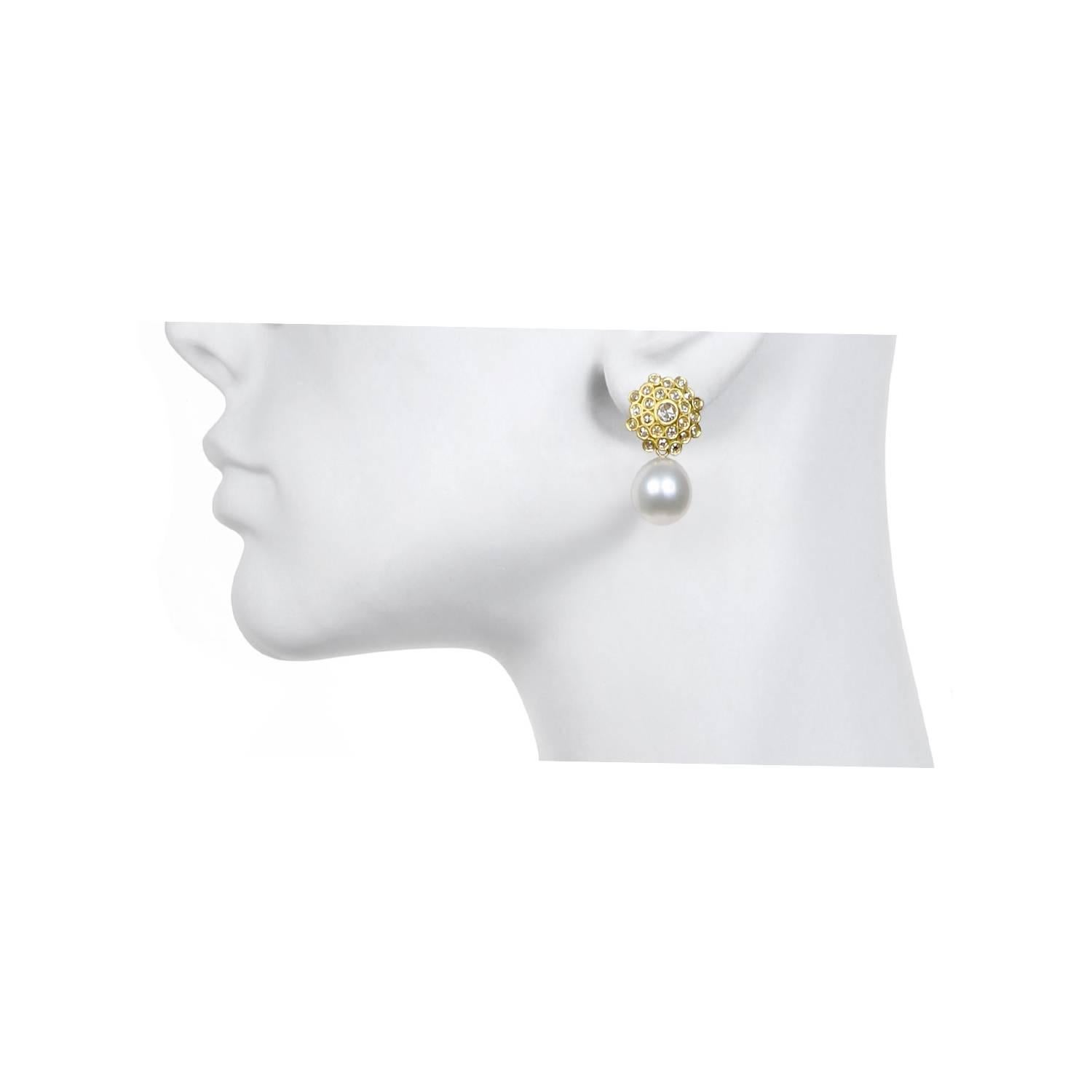Contemporary Faye Kim White South Sea Pearl Rose Cut Diamond Gold Zinnia Drop Earrings