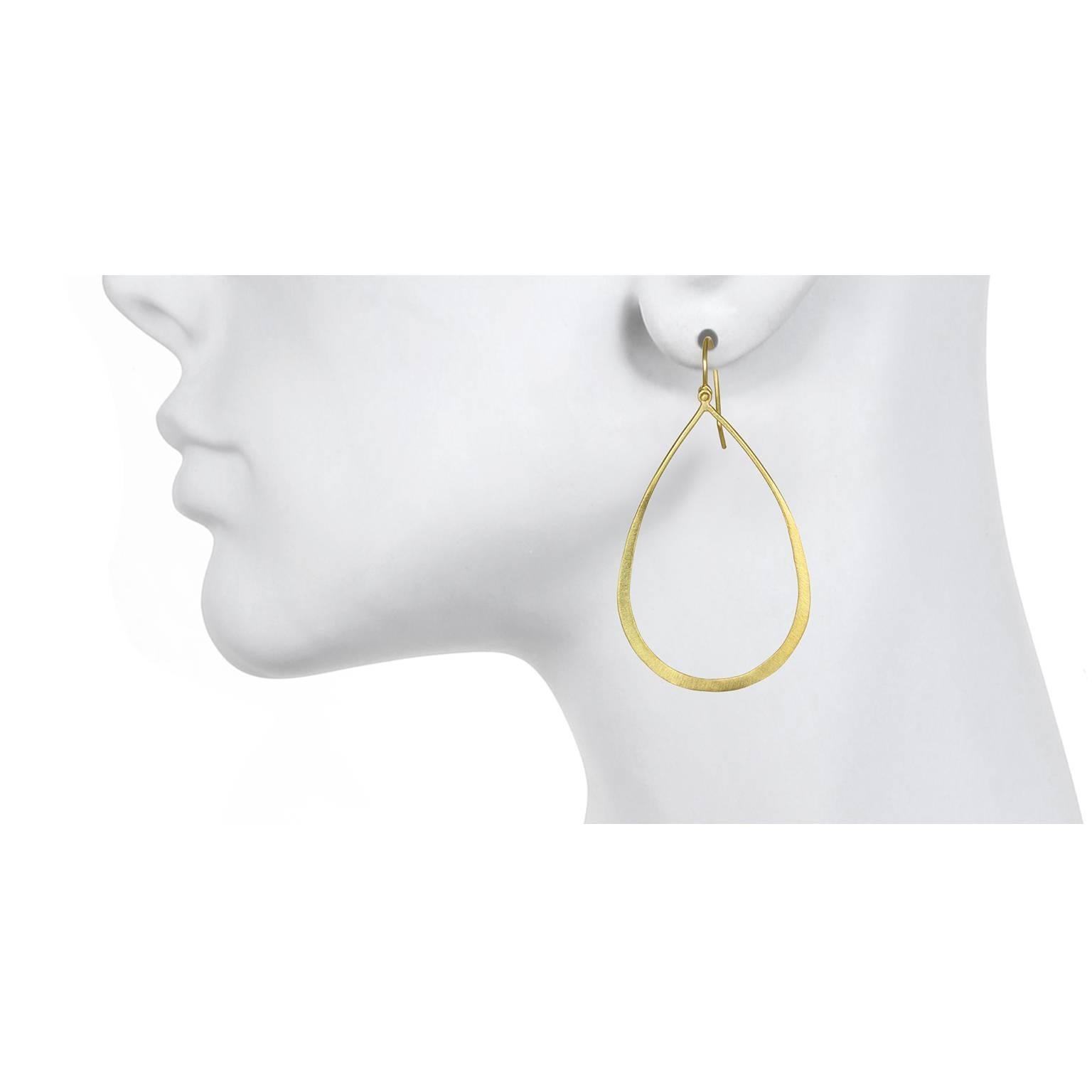 Handcrafted in 18k gold and planished for added texture, these teardrop earrings are a modern and fresh take on traditional gold hoops.  The granulation hinged ear wires add a special touch, making these earrings light and so easy to wear.  Total