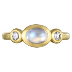 Faye Kim 18 Karat Gold Moonstone and Diamond 3-Stone Ring, Size 7.25