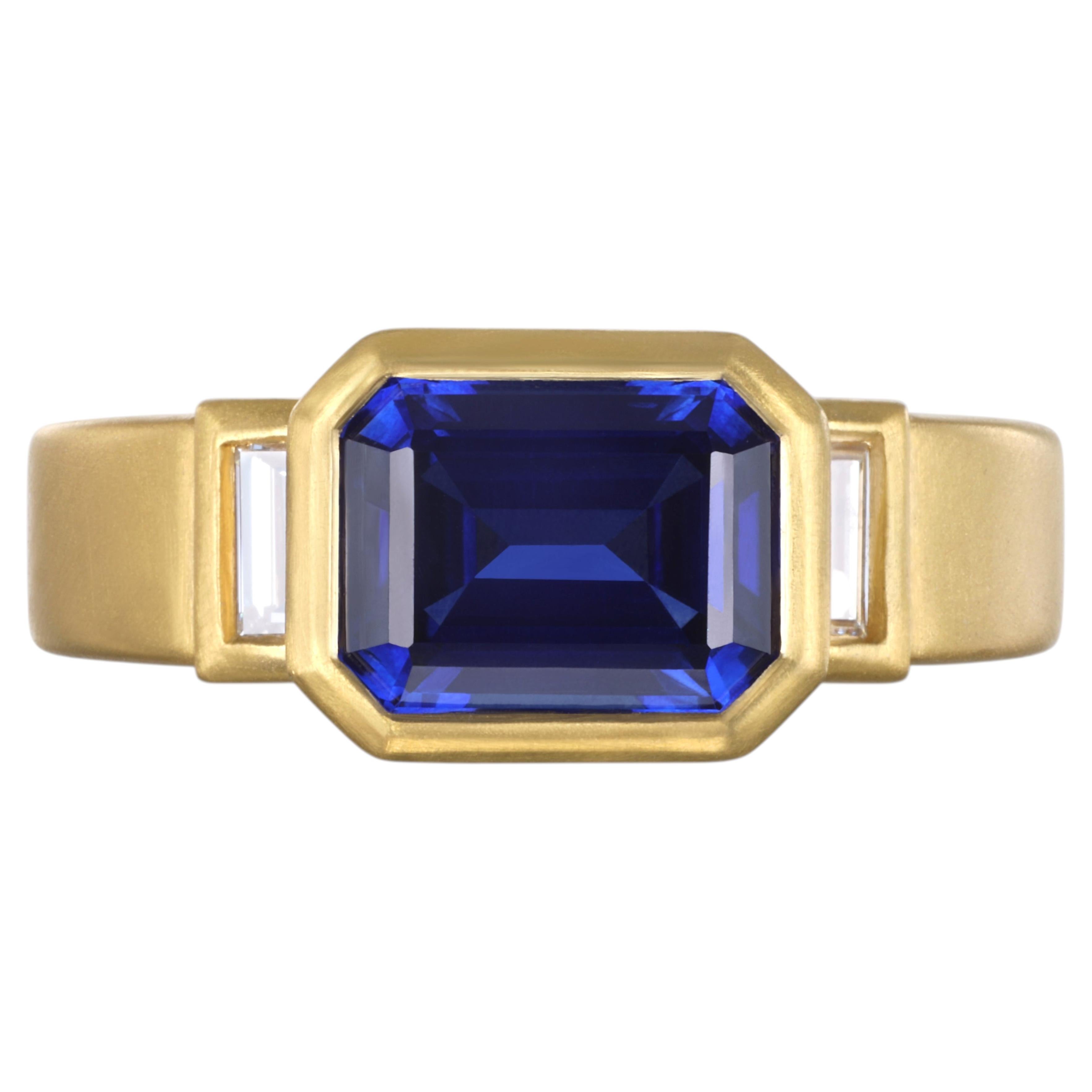 Faye Kim 22 Karat Gold 2.73 Carat Ceylon Sapphire and Diamond 3-Stone Ring