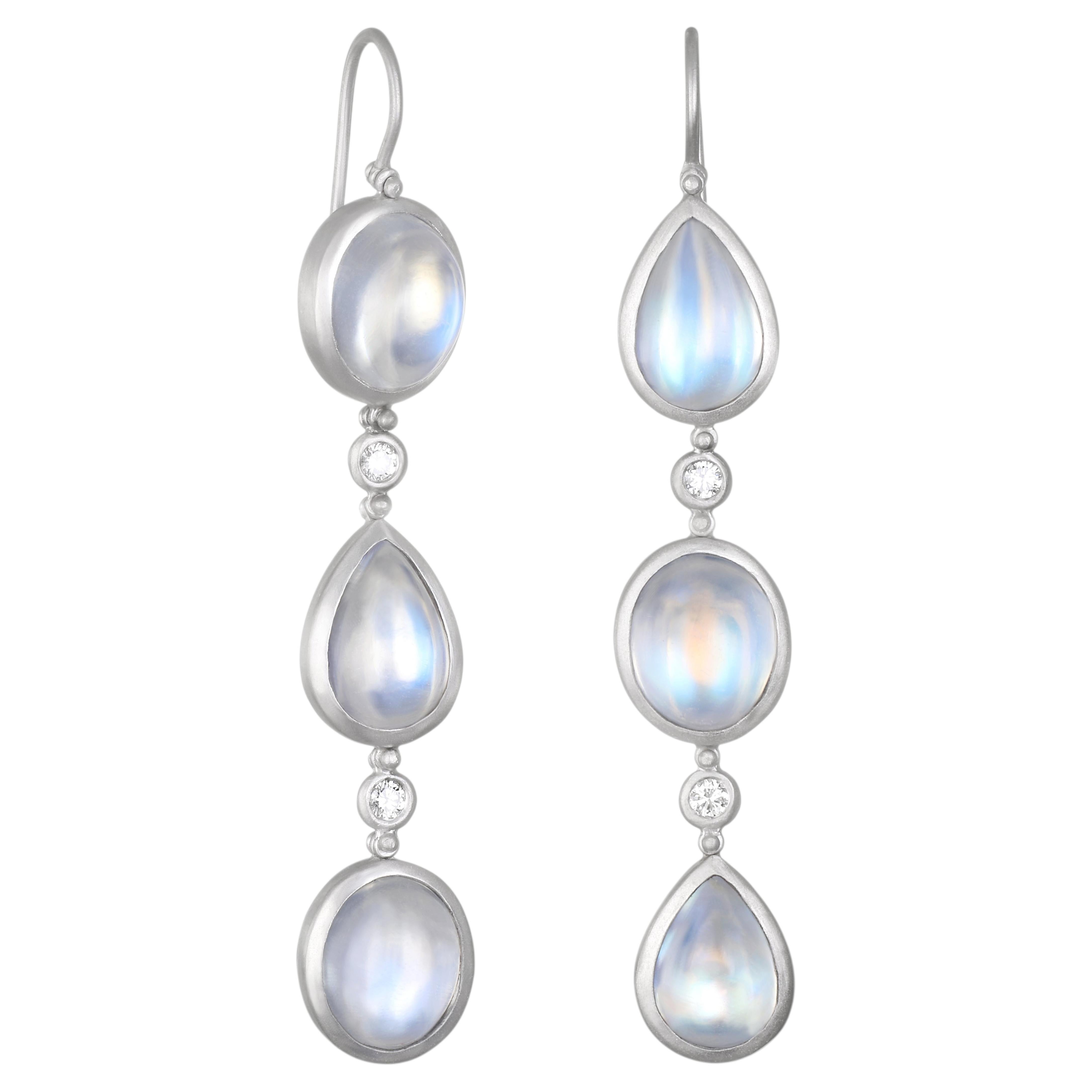 Faye Kim Platinum Diamond Ceylon Moonstone Line Drop Earrings For Sale