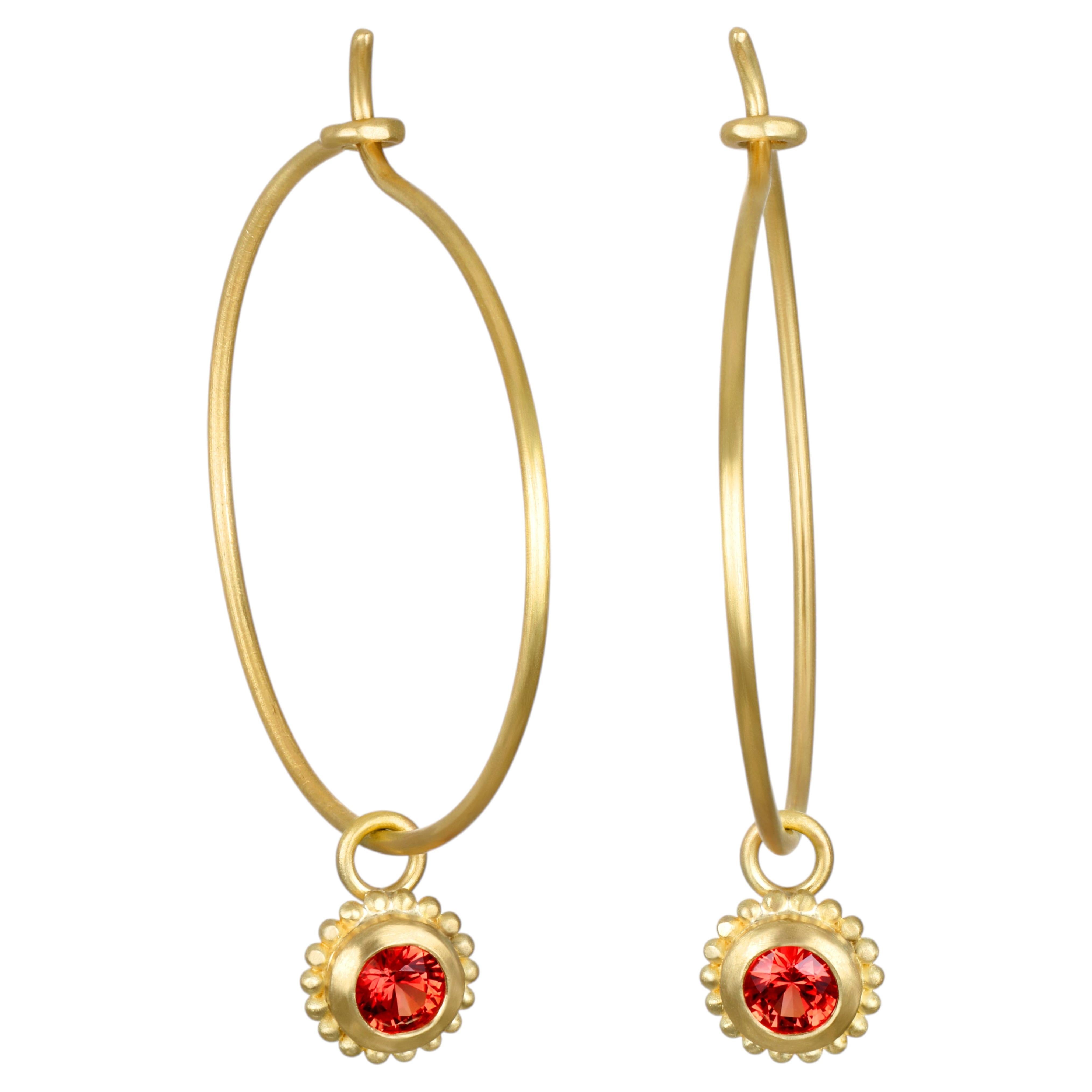 Faye Kim 18 Karat Gold Wire Hoops with Orange Sapphire Granulation Drops For Sale
