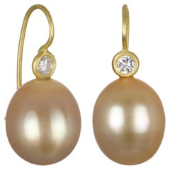 Faye Kim 18 Karat Gold and Diamond Golden South Sea Pearl Drop Earrings