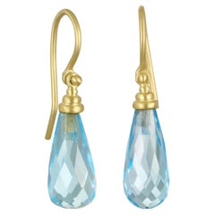Faye Kim 18 Karat Gold Blue Topaz Briolette Drop Earrings with Cap