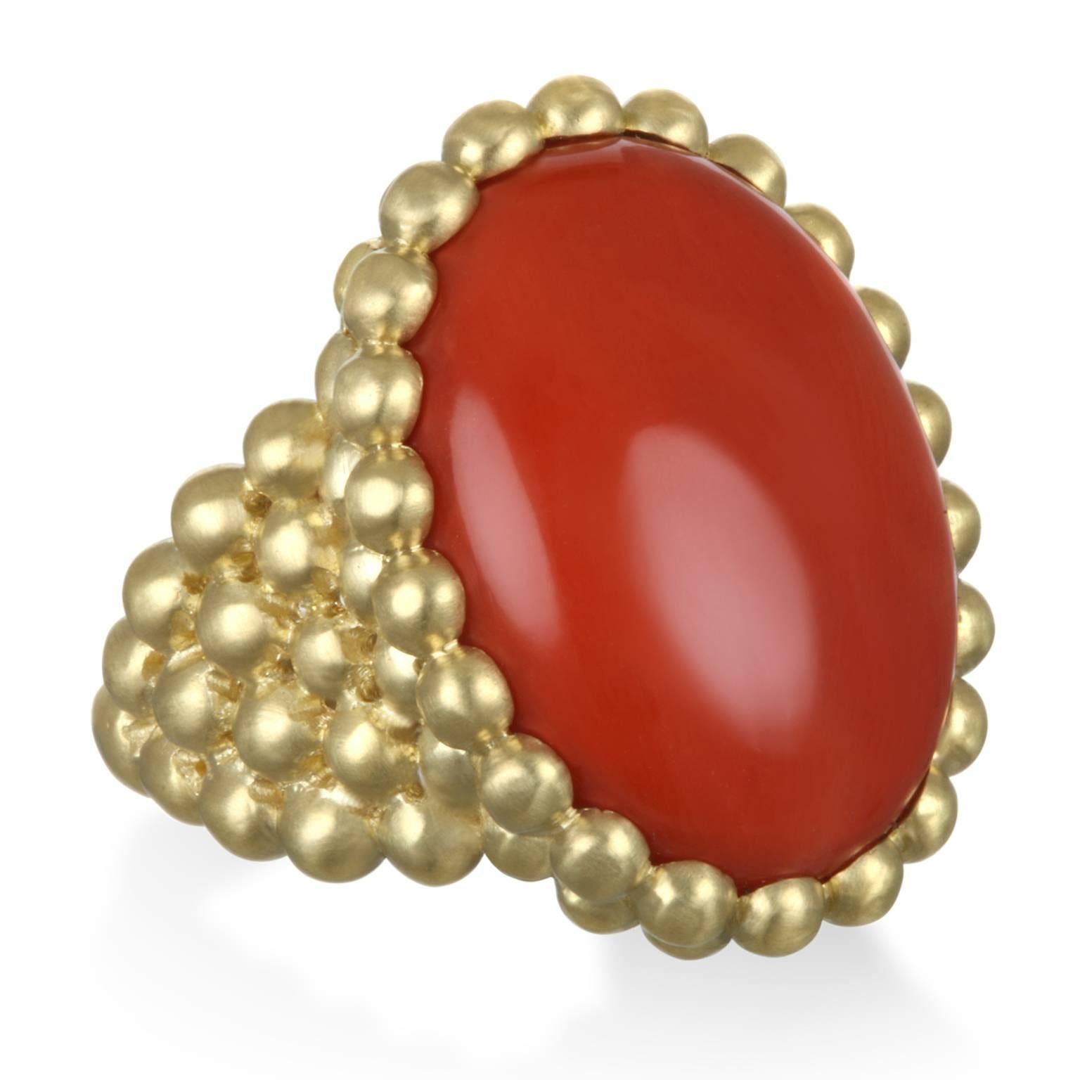 Rich red Mediterranean Coral is showcased in Faye Kim's signature 18k green gold. Old world granulation detail is what elevates this ring from the rest.  Bold and unique for the discerning woman. 
Length x Width:  1